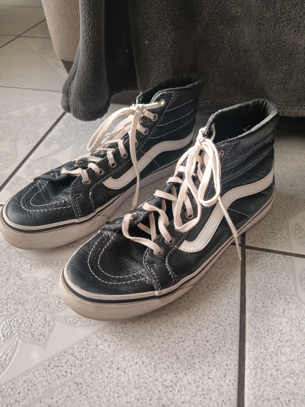 Vans Sk8-Hi Black Leather High Top Sneakers with White Stripe